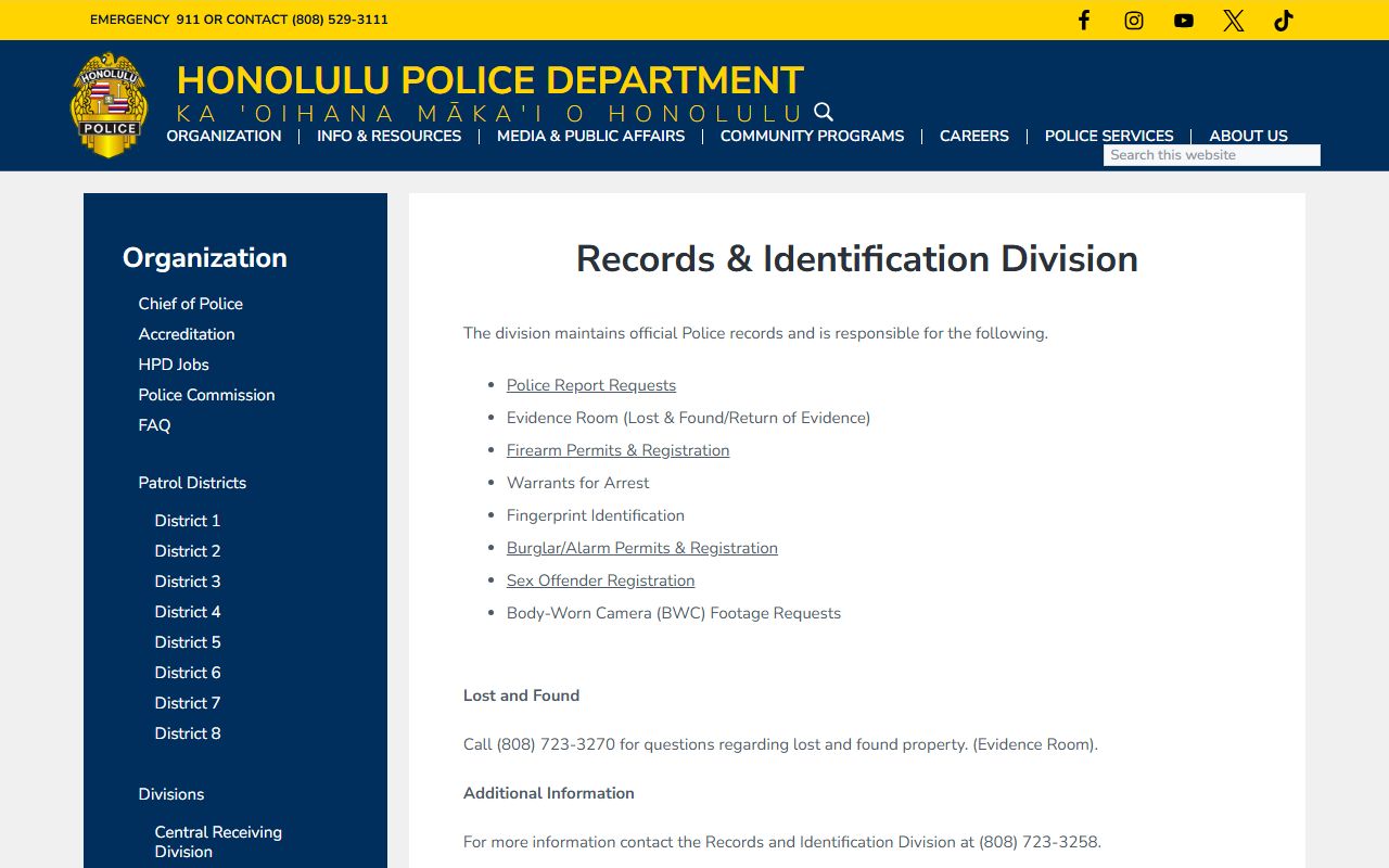 HPD Records page for an Urban Honolulu people search