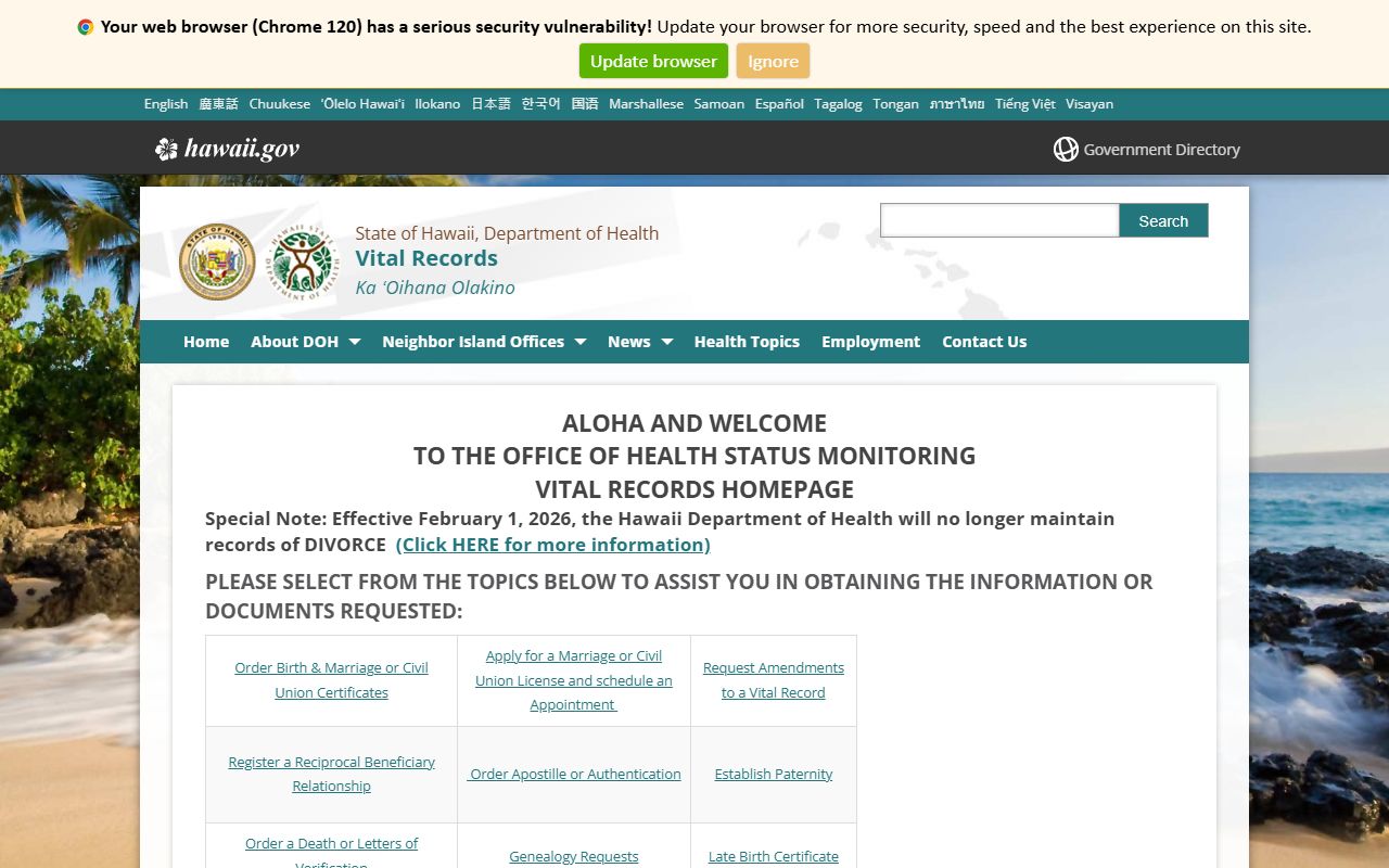 Hawaii Department of Health vital records page used in a Hawaii people search