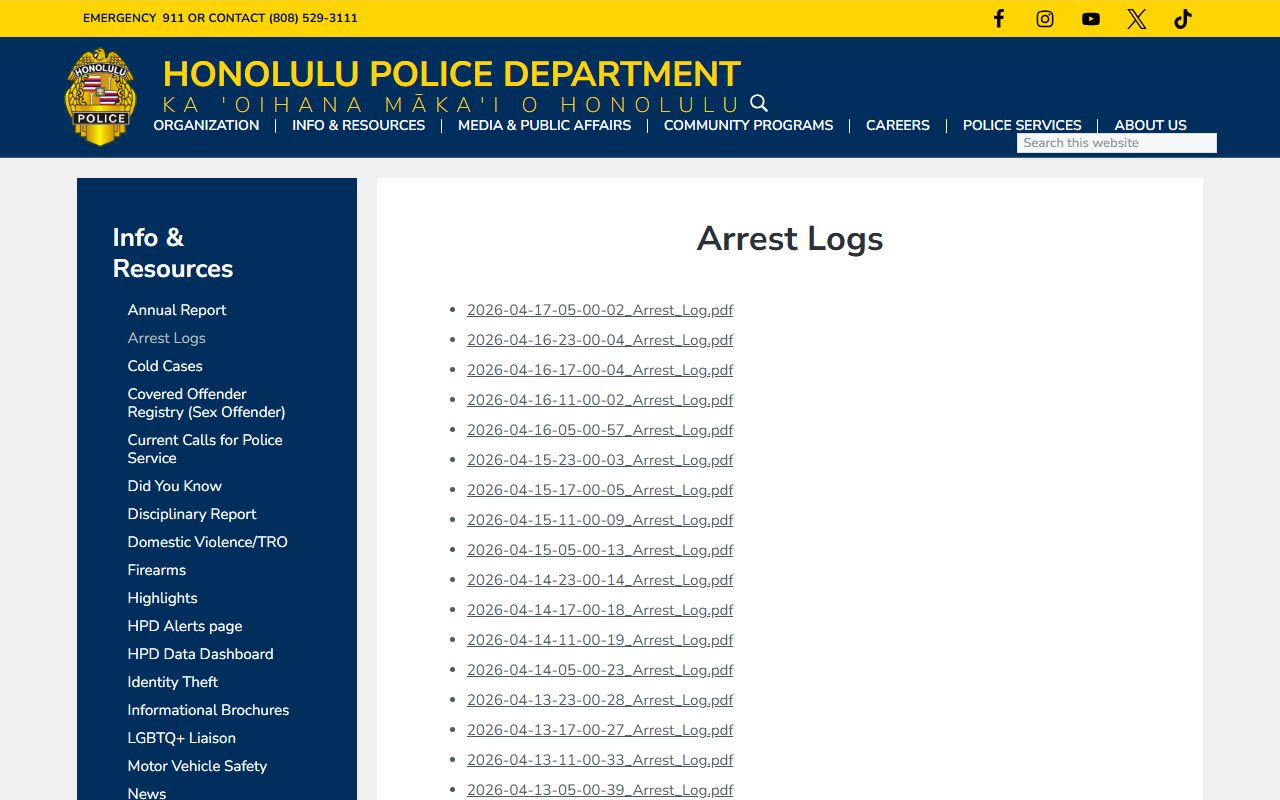 Honolulu Police Department daily arrest logs used in a Hawaii people search